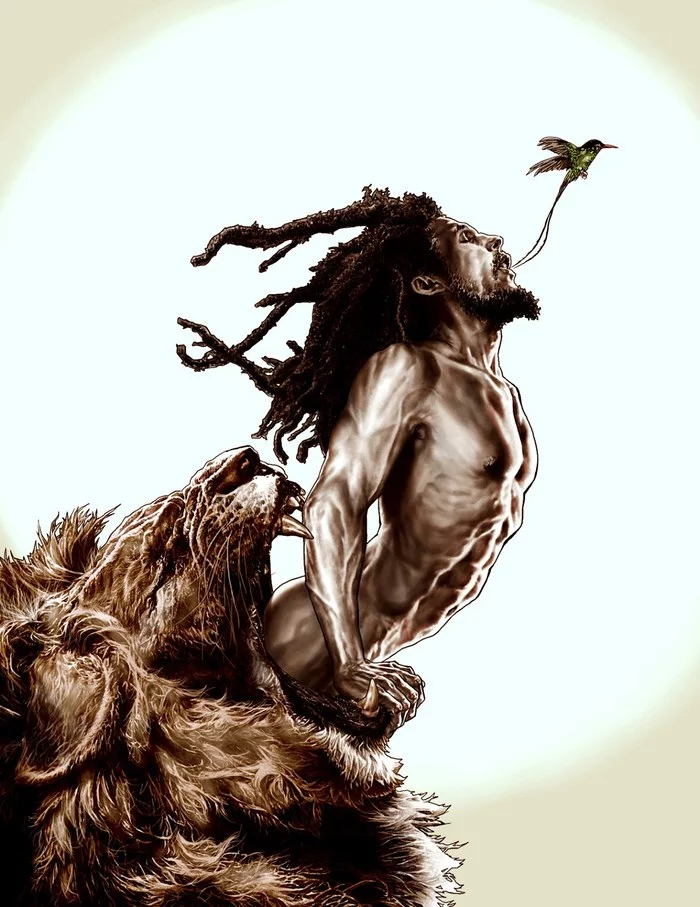 Bob Marley - Art, Bob Marley, Lee bermejo, a lion, Press, Naked torso, Birds, Musicians
