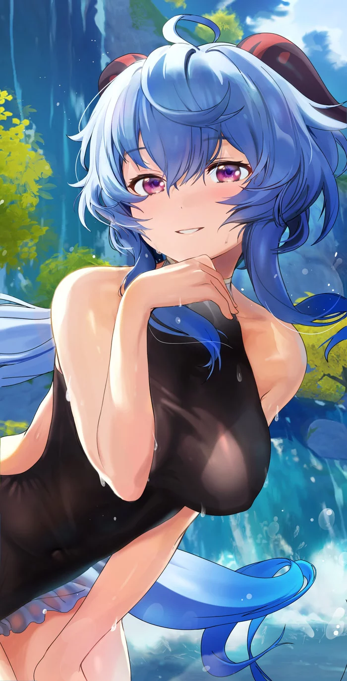 Moment of rest - Genshin impact, Ganyu (Genshin Impact), Anime, Anime art, Art, Swimsuit, Girls, Waterfall