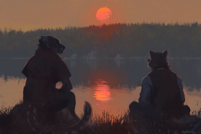 Sky on Fire - Furry, Furry feline, Furry canine, River, Sunset, Trunorth, Art