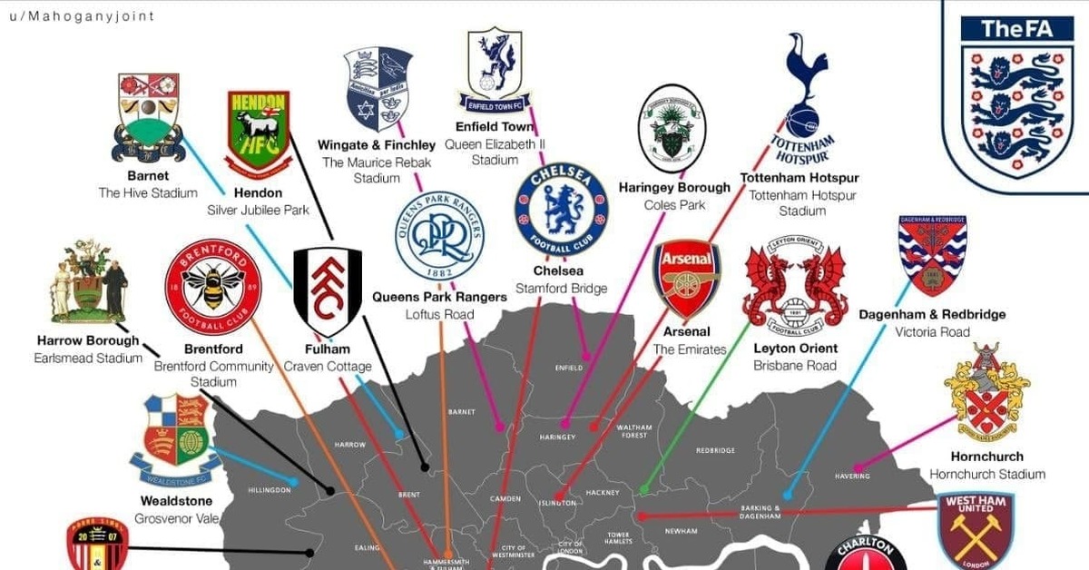 Карта футбольных клубов англии