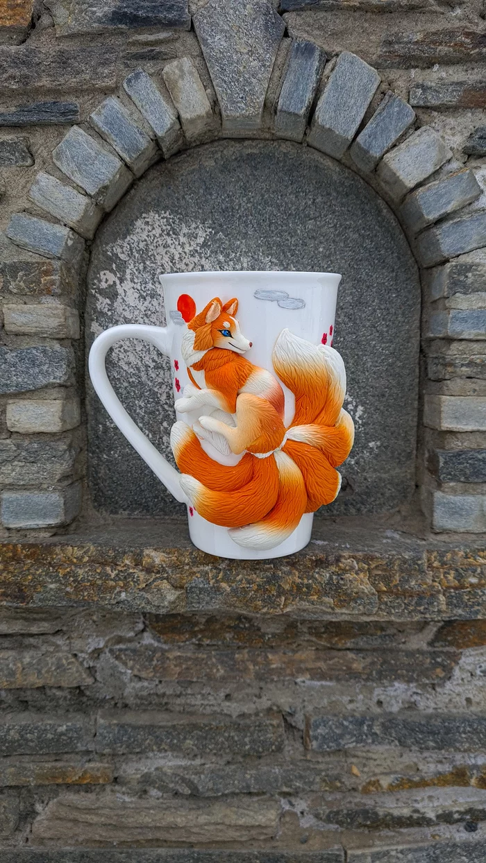 Nine-Tailed Kitsune - My, Polymer clay, Mug with decor, Nine-tailed fox, Kitsune, Needlework with process, Handmade, Longpost