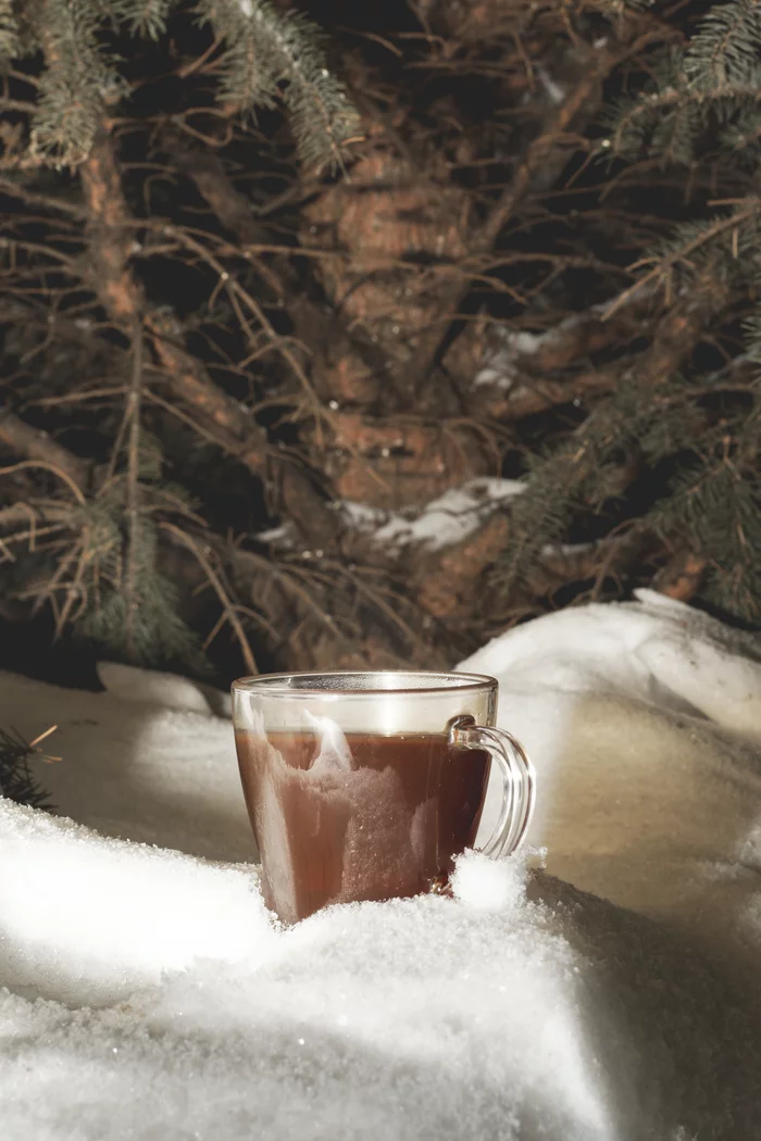 Tea in the snow, night - Christmas trees, Snow, A cup, Tea, I want criticism, The photo, My