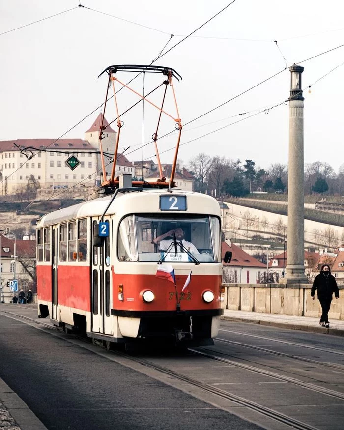 Tram number 2 on Manes Bridge in Prague - Prague, Czech, Europe, Tram, Tatra, The photo