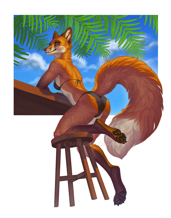 Tropics - NSFW, Furry, Art, Chair, Furry fox, Furry edge, Swimsuit, Wolf-Nymph