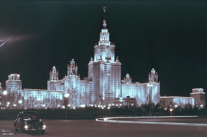 Night Moscow State University, 1950s - the USSR, MSU, Moscow, Architecture, Night, Stalinist architecture, Skyscrapers, 1950, , beauty, The photo