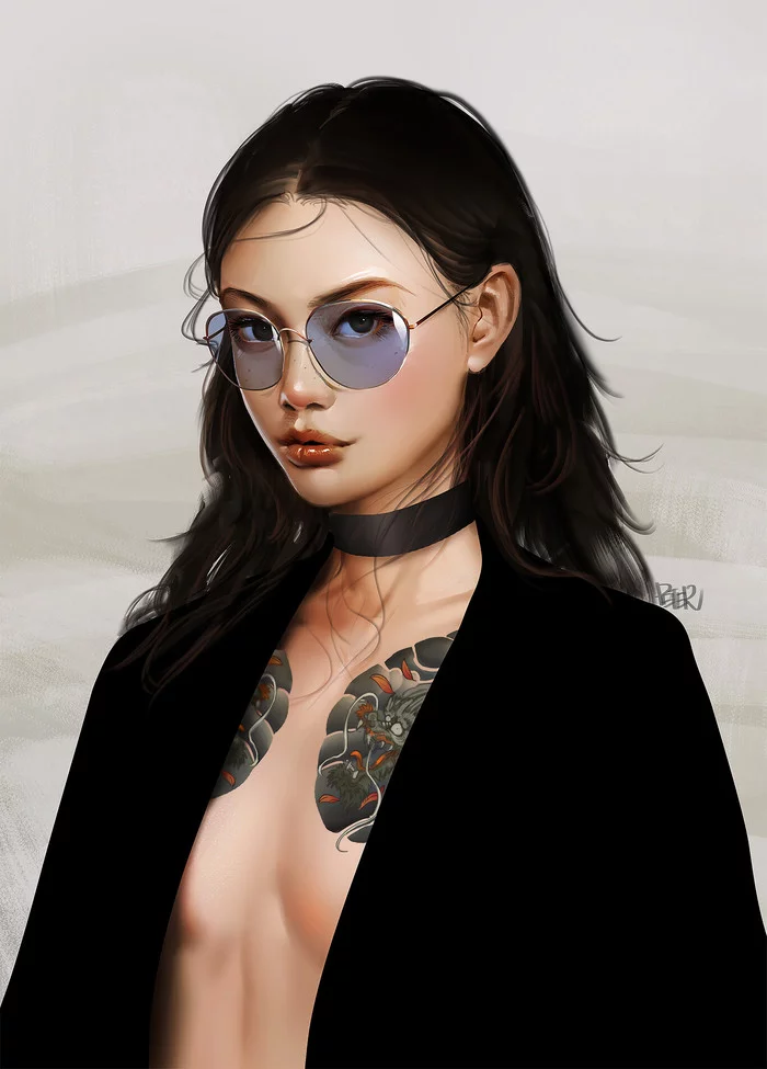 Girl with tattoo - NSFW, Art, Drawing, Girls, Tattoo, Peter Xiao