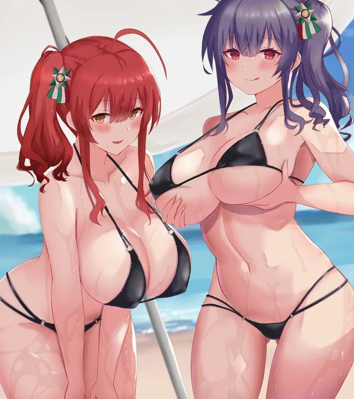 Zara and Pola - NSFW, Anime, Anime art, Azur lane, Zara, Pola, Art, Swimsuit, Breast