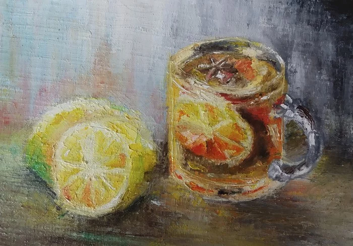 Tea with lemon - My, Palette knife, Oil painting, Beginner artist, Tea