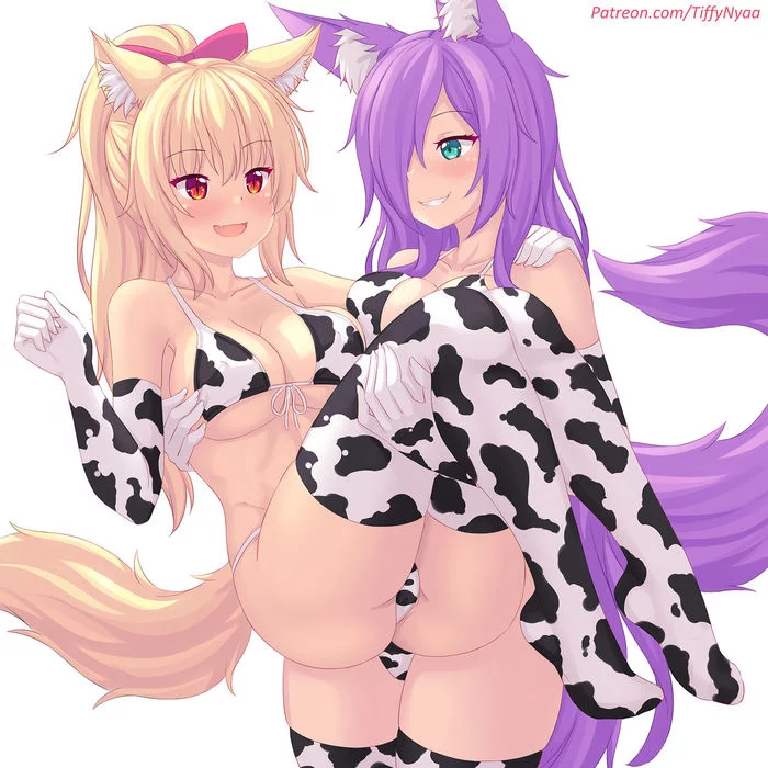 Kuro & Tiffy - NSFW, Anime art, Anime, Tiffy, Fastrunner2024, Animal ears, Art, Erotic, Knee socks, Hand-drawn erotica, Stockings, Tail, Pantsu, Original character, Booty, Cowsuit, Breast, Foxykuro