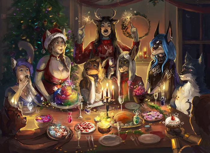 Magical Dinner - Furry, Anthro, Art, Furry feline, Furry canine, Furry wolf, Furry deer, Furry Bat, Furry cat, Devergilia