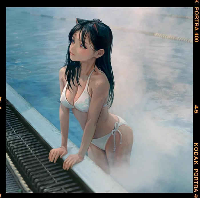 Pool - Anime, Original character, Anime art, Swimming pool, Animal ears, FKEY