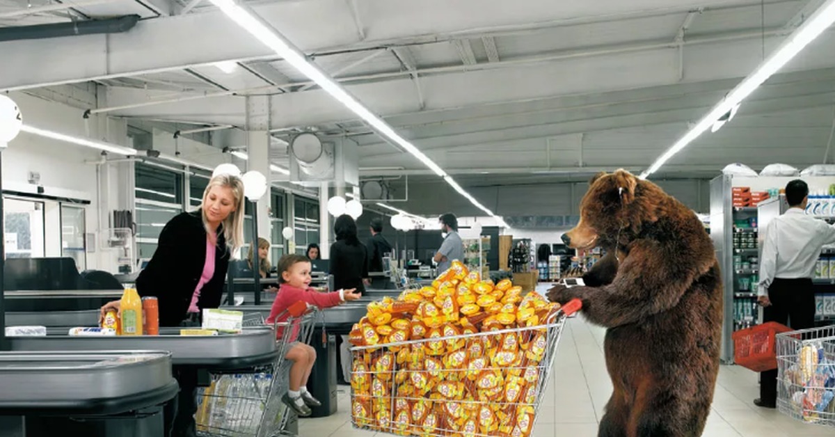 Видео пришел в магазин. Медведь в магазине. Креативная реклама с медведем. Креативная реклама супермаркета. Медведь за едой.