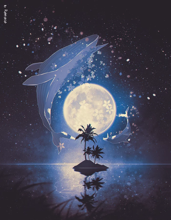 Island - Art, Drawing, Illustrations, Island, Night, moon, Stars, Blue whale, Whale, Reinforced