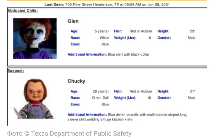 Well, wow, what an absurdity! In Texas, people were frightened by a search for a killer doll from a horror movie. - USA, Texas, Search, criminal investigation, Doll, Killer, Chucky, Chucky doll, Absurd, Fear