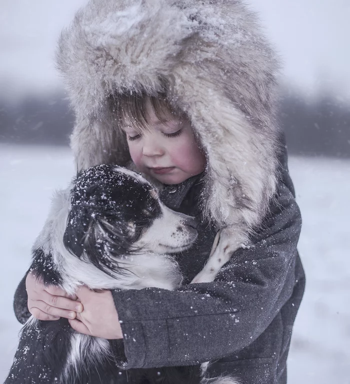 Friendship - Dog, Children, Hugs, Snow, Winter, friendship