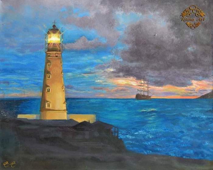 Lights of the native land, canvas/oil, 40x50 - My, Sea, Marina, Painting, Creation