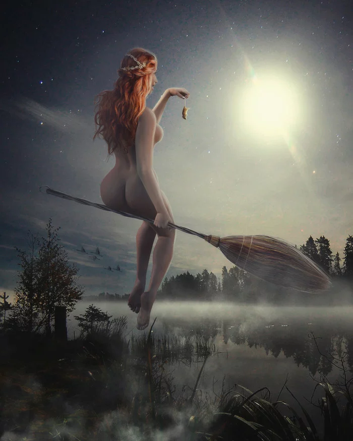 On a broomstick - NSFW, Art, Drawing, Girls, Witch's Broom, Witches, Erotic, Photomanipulation, Evgeny Dvoretckiy