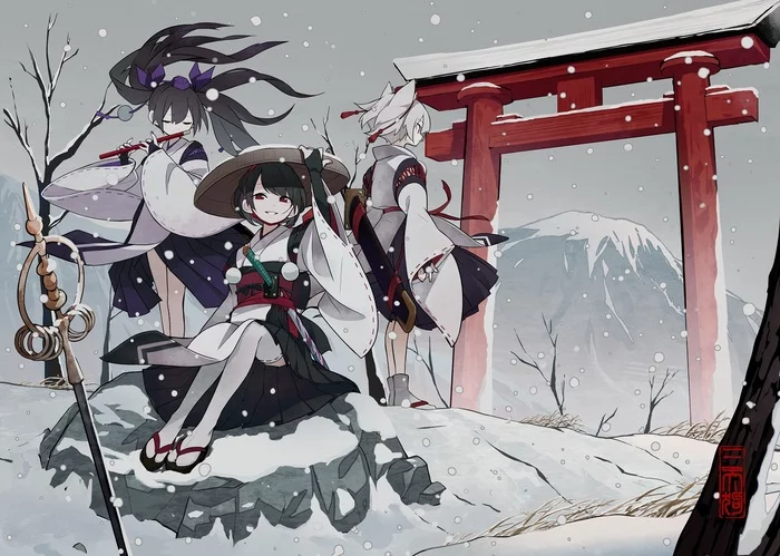 Tengu Sanko II - Touhou, Shameimaru aya, Inubashiri momiji, Himekaidou hatate, Anime art, Anime, Games, Torii, The mountains, Snow