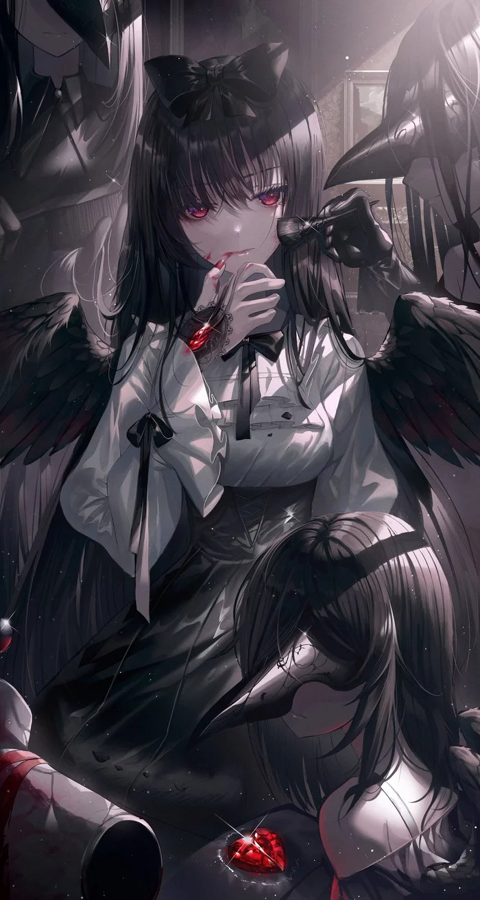 Darkness - Anime, Anime art, Original character, Wings, Bow, Mask