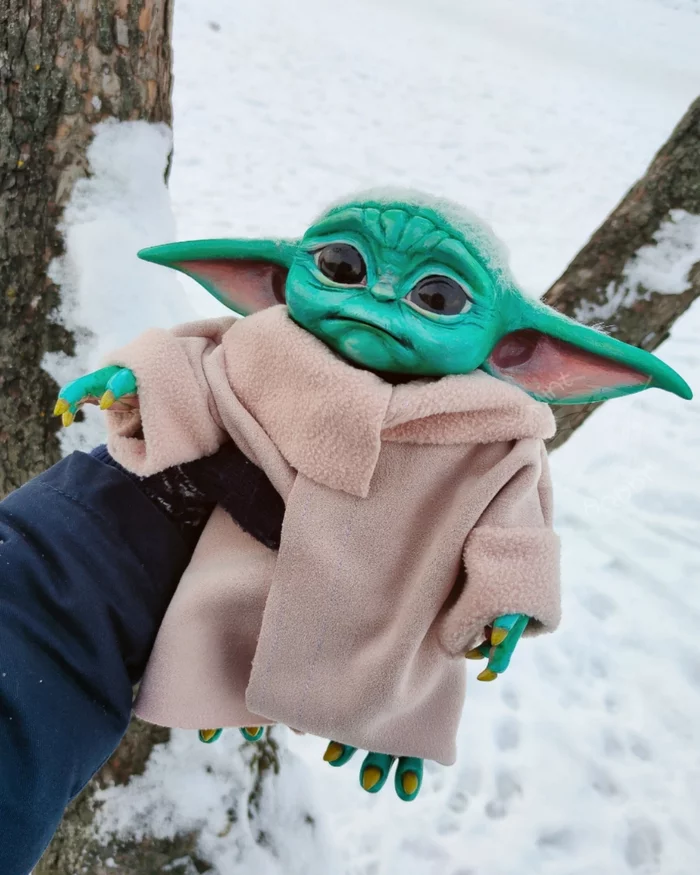 Walking with Grogu - My, Creation, Movies, Serials, Mandalorian, Star Wars, Handmade, Author's toy, Toys, Fan art, Doll, Winter, Art, Needlework without process, Grogu, Needlework, Longpost