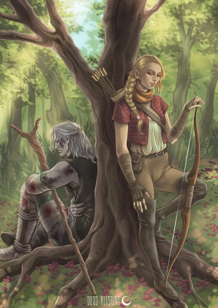 Milva and Geralt - Art, Witcher, Geralt of Rivia, Milva, baptism by fire, Drawing, Dorokitsune