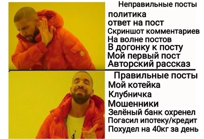 Методичка правильных постов на Пикабу - Моё, Рэпер Дрейк, Мемы, Методичка, Пикабу, Правильно, Или нет, Лайфхак, Посты на Пикабу, Юмор