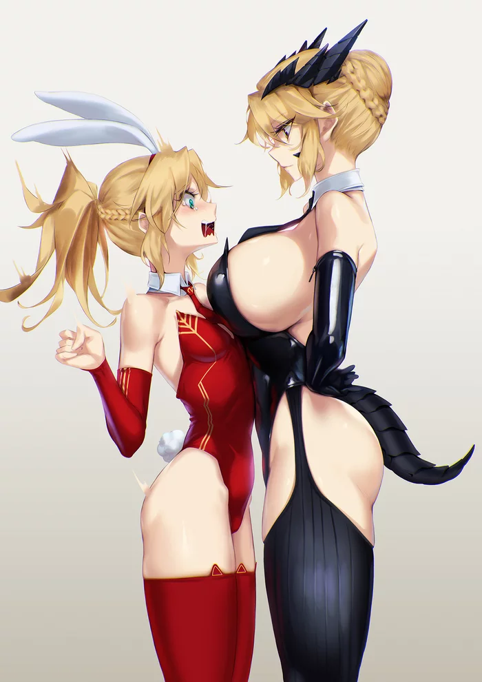 Presses with authority - NSFW, Art, Anime, Anime art, Fate, Fate grand order, Artoria pendragon, Artoria pendragon lancer alter, Mordred, Girls, Erotic, Hand-drawn erotica, Boobs, Stockings, Booty, Bunnysuit, Bunny ears, Bunny tail, Latex, Blueorca