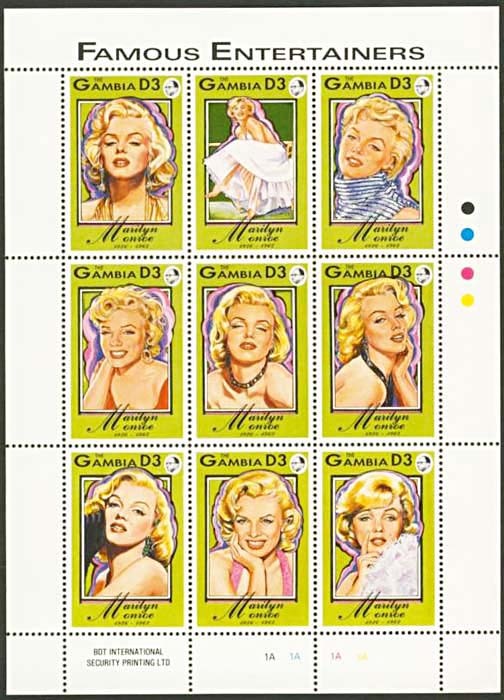 Marilyn Monroe on postage stamps (LXIII) Magnificent Marilyn cycle - 386 issue - Cycle, Gorgeous, Marilyn Monroe, Beautiful girl, Actors and actresses, Celebrities, Stamps, Blonde, , Collecting, Philately, Gambia, 1993