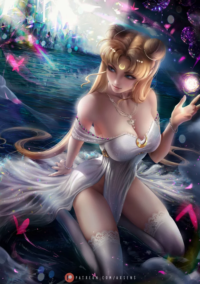 Princess Serenity - NSFW, Арт, Аниме, Anime Art, Sailor Moon, Девушки, Эротика, Рисованная эротика, Нижнее белье, Чулки, Сиськи, Панцу, Топлес, Голые, Без белья, На коленях, Axsens, Длиннопост