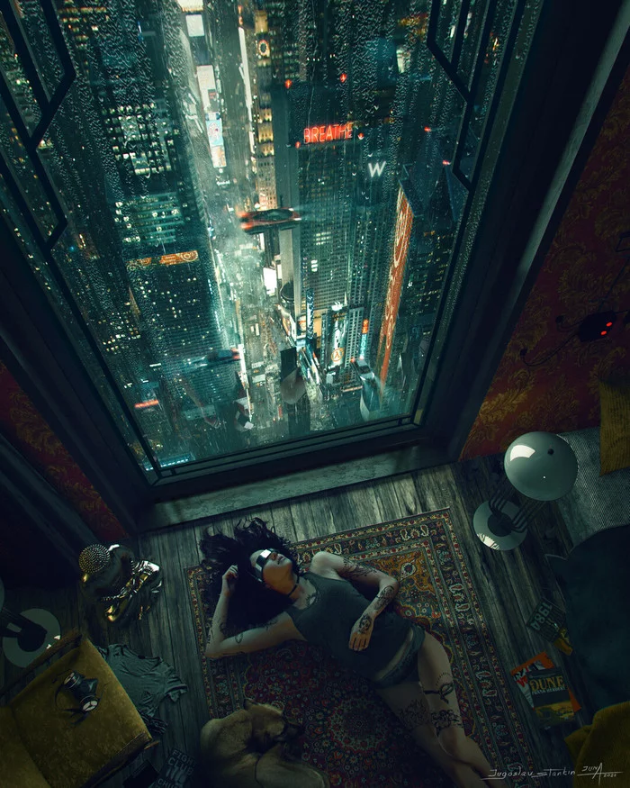 Near the window - Art, Render, Girls, Dog, 3D, Cyberpunk