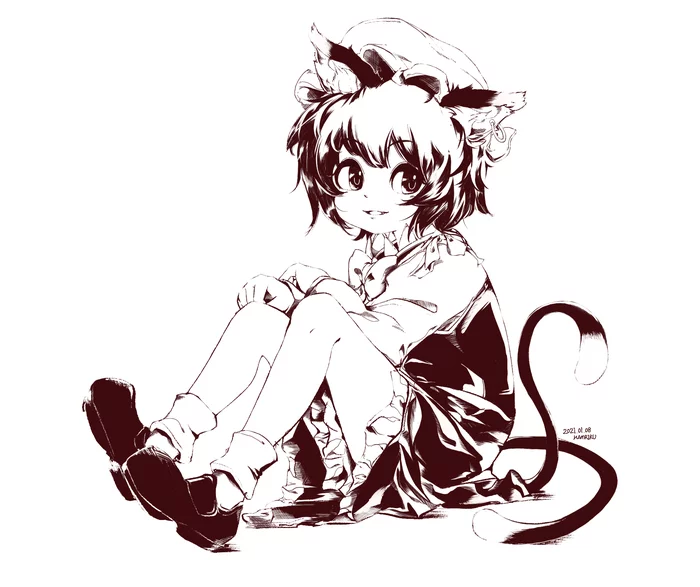 Chen - Touhou, Chen (Touhou), Anime art, Anime, Games, Black and white