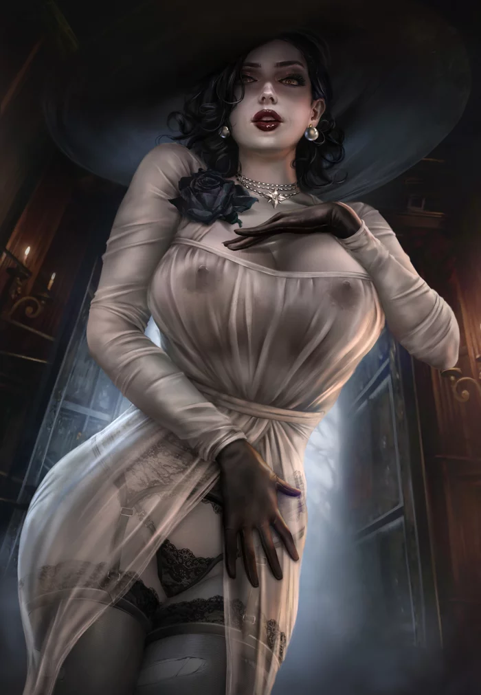 Lady Dimitrescu - NSFW, Art, Drawing, Resident evil, Resident Evil 8: Village, Lady Dimitrescu - Resident Evil, Girls, Erotic, Hand-drawn erotica, Game art, Underwear, Stockings, Boobs, Topless, Nudity, Pubes, Upskirt, Logan cure, Longpost