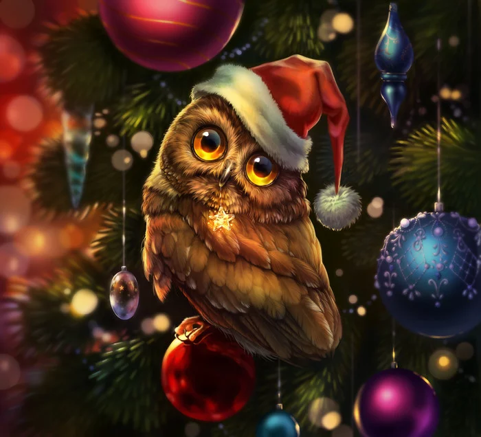 Christmas owl - Art, Drawing, Owl, Christmas trees, Christmas, Kate Zhbanova