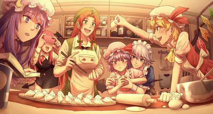 Kitchen - Touhou, Flandre scarlet, Remilia scarlet, Izayoi Sakuya, Hong meiling, Patchouli Knowledge, Koakuma, Anime art, Anime, Games