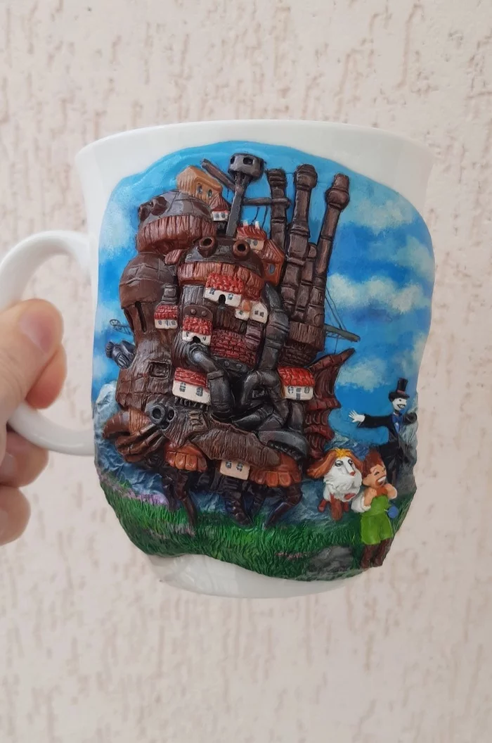 Mug Howl's Moving Castle - My, Haul's walking castle, Hayao Miyazaki, Needlework without process, Handmade, With your own hands, Polymer clay, Mug with decor, Longpost