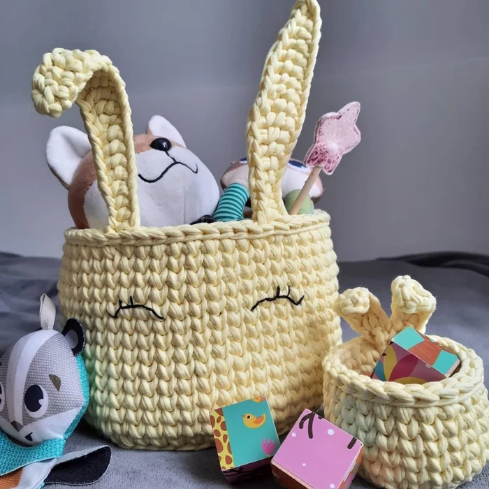 Mother rabbit and baby - My, Crochet, Basket, Children, Needlework without process, Longpost