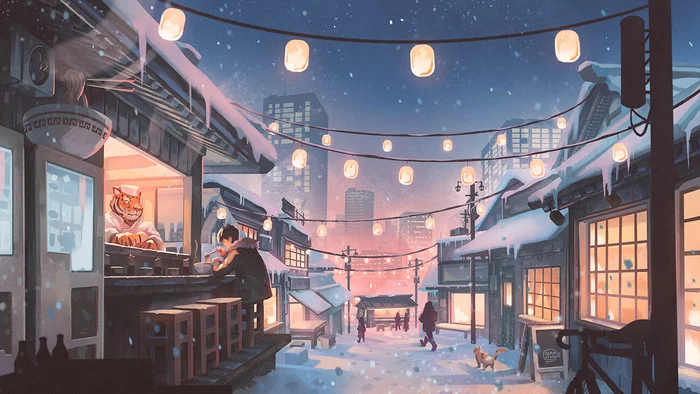 winter street - Art, Drawing, The street, Winter, Asia, Lunar New Year