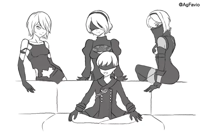 Lucky 9S - Art, NIER Automata, Yorha unit no 9 type S, Yorha unit No 2 type a, Yorha unit No 2 type B, Girl and five blacks, Memes