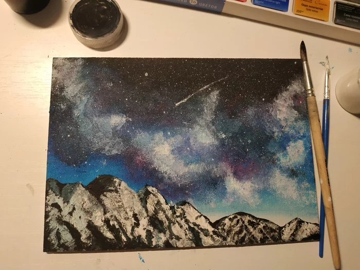 Practicing drawing: night sky and mountains - My, Drawing, Starry sky, The mountains, Learning to draw