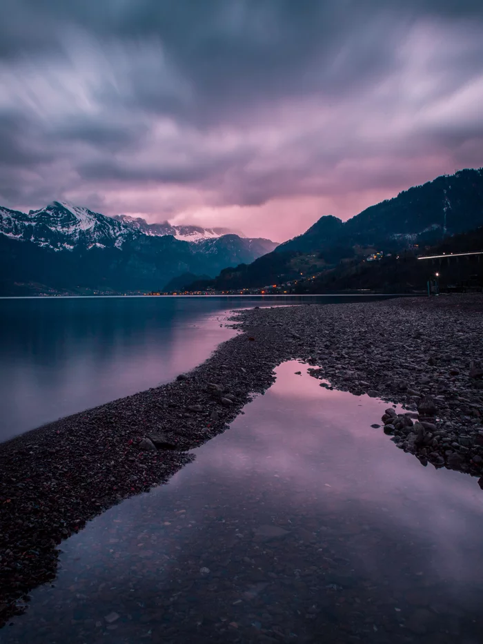 Switzerland, Lake Wallen - My, Switzerland, The photo, Landscape, Travels, Nature, Lake, Sunset, Canon, Winter, The mountains, Alps