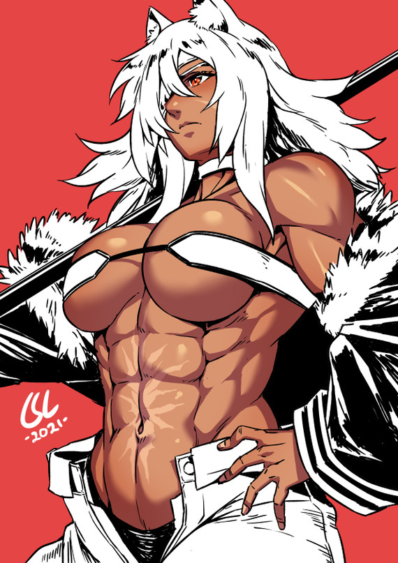 Ghislaine Dedoldia - NSFW, Strong girl, Art, Muscleart, Ghislaine dedoldia, Mushoku tensei, Anime, Anime art, Animal ears, Breast, Csuryolaksono