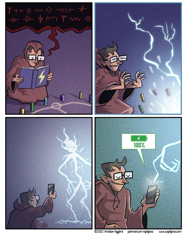 Post #8020075 - Comics, Kristian Nygrd, Optipess, Telephone, Charger, Ritual, Humor, Electricity