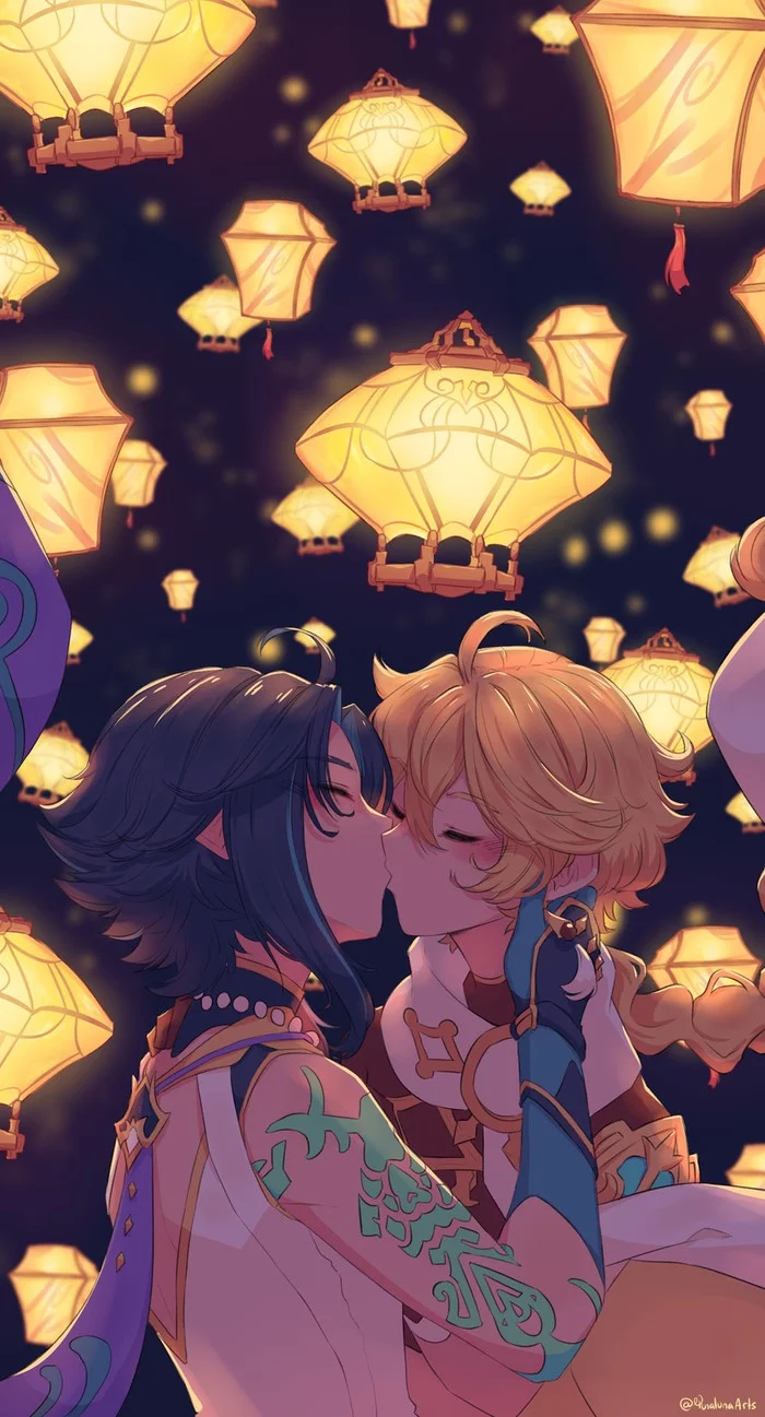 Thank you for spending the Lantern Rite with me! - Genshin impact, Xiao (Genshin Impact), Kiss, Chinese lanterns, Anime, Anime art, Art, Aether (Genshin Impact), Yaoi