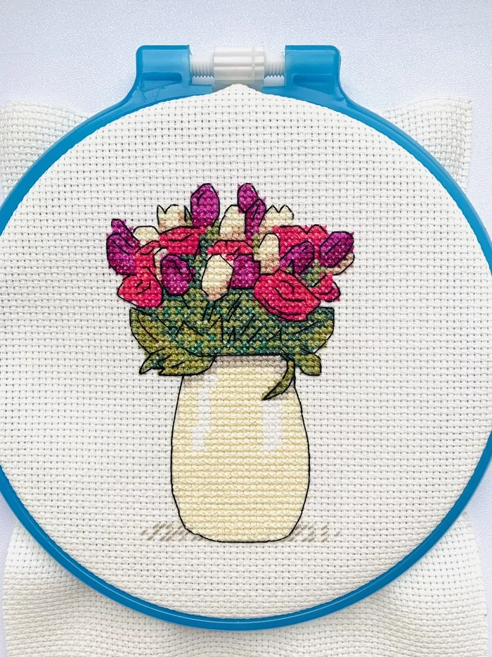 Spring flowers are ready! In spite of Hurricane Valentine ;) - My, Embroidery, Cross-stitch, Flowers, Spring, Needlework, Needlework without process, Finished work, Sewing, Scheme, Longpost