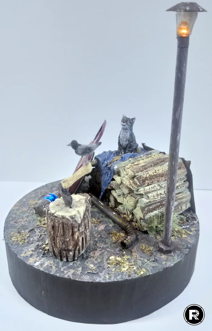 Mini diorama made of penoplex and paper - My, Diorama, Modeling, Paper, With your own hands, Needlework without process, cat, Firewood, Hobby, Longpost