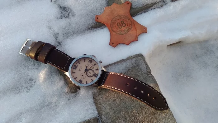 Fossil men's watch strap - My, Needlework without process, Leather products, Strap, Wrist Watch, Mechanical watches, Leather, Belt, Wristband, Hand seam, With your own hands, Handmade, Natural leather, Longpost