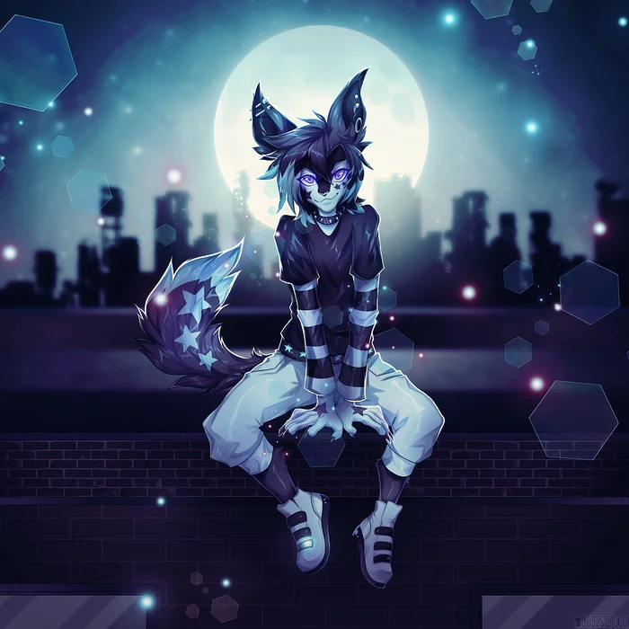 In the arms of the moon - Furry, Art, Night, moon, Punxsimon, Emo, Stars