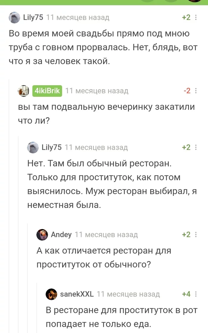 Свадьба в проституточной - Комментарии на Пикабу, Свадьба, Проститутки, Фекалии, Приметы, Golubgolub, Длиннопост, Скриншот