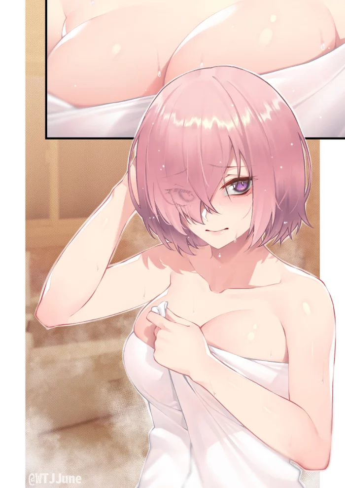 Машу Кириелайт - NSFW, Арт, Аниме, Anime Art, Fate Grand Order, Mashu Kyrielight, Сиськи, Полотенце, Эротика, Рисованная эротика, Длиннопост