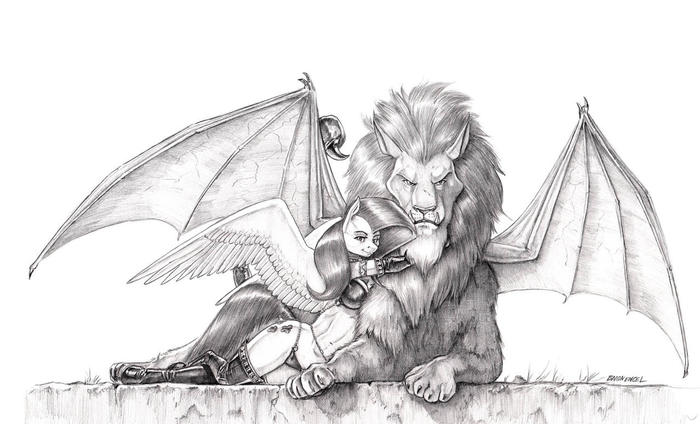 Butterflies and Manticore - NSFW, My little pony, Fluttershy, Anthro, MLP Edge, Traditional art, Baron engel, Manticore, Manny Roar